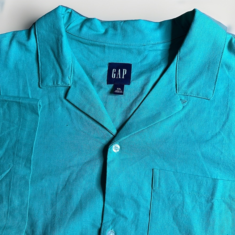 NEW Gap Camp Shirt Mens XXL Green Loop Collar Linen Rayon Beach Summer Vacation